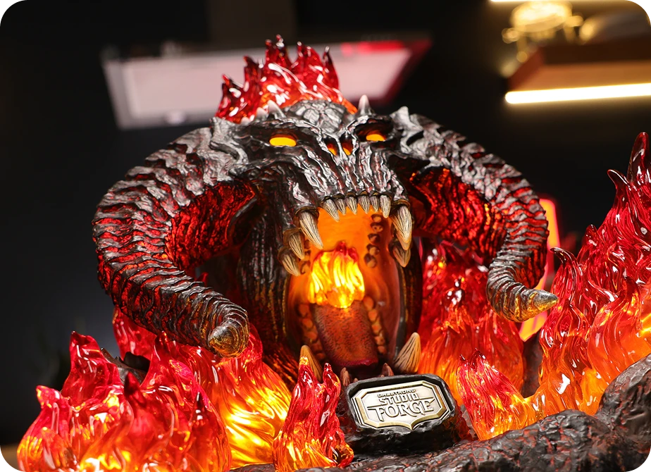 <h4>Sculpted in the round.</h4><p>Modeled and refined by hand, then cast in polyresin with clear resin flames — teeth, skin, horns, and a roaring jaw that reward inspection from every side.</p>