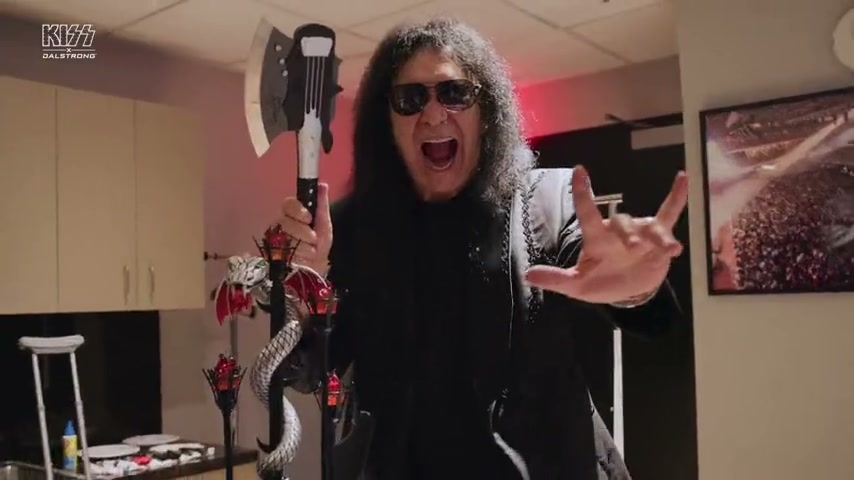 Gene Simmons with the Hellfire Demon Axe backstage